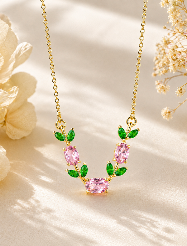 Pink & Green Crystal Vine Pendant Necklace