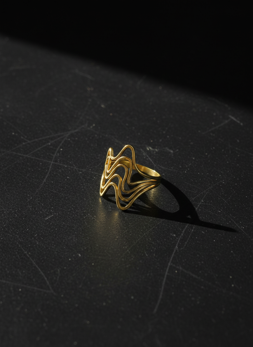 Fluid Wave Design Adjustable Gold Ring