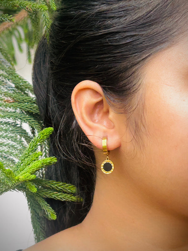Black Onyx Disc Hoop Earrings