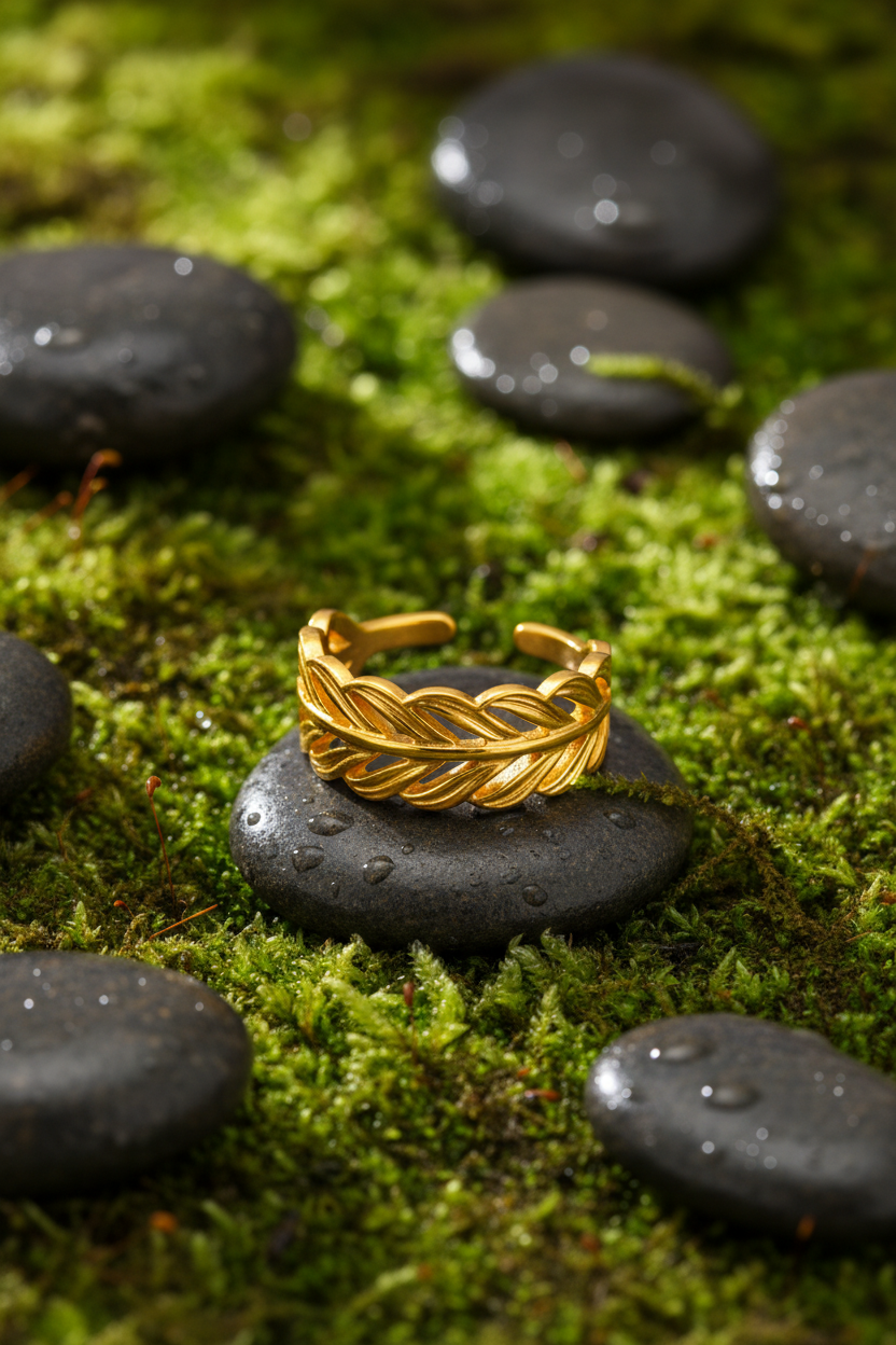 Leaf Pattern Adjustable Gold Ring