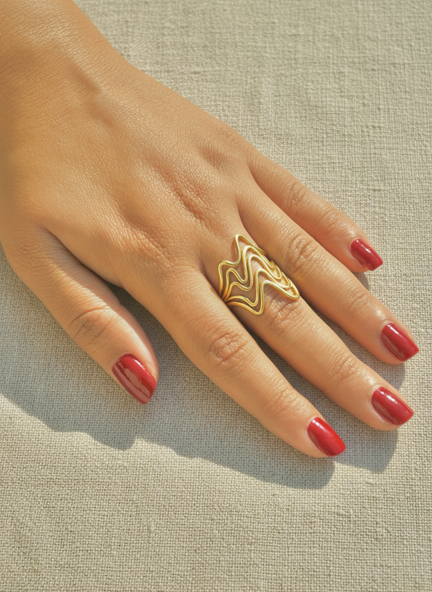 Fluid Wave Design Adjustable Gold Ring