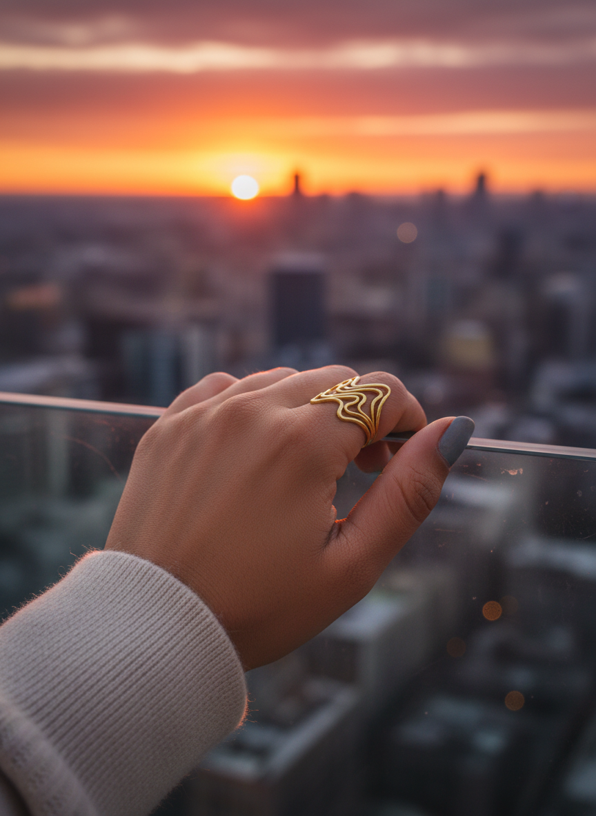 Fluid Wave Design Adjustable Gold Ring
